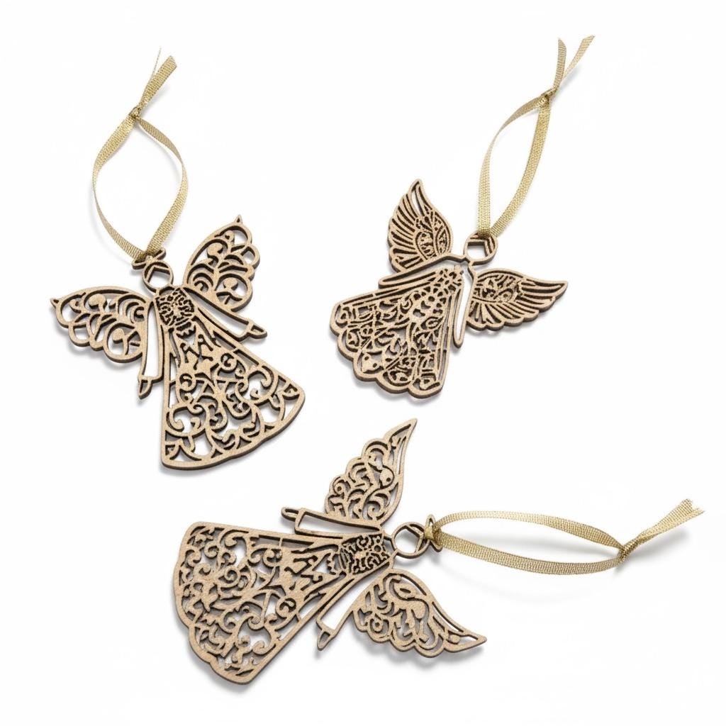 Laser Cut Birch Wood Angel Ornament Set: Rustic Christmas Decor
