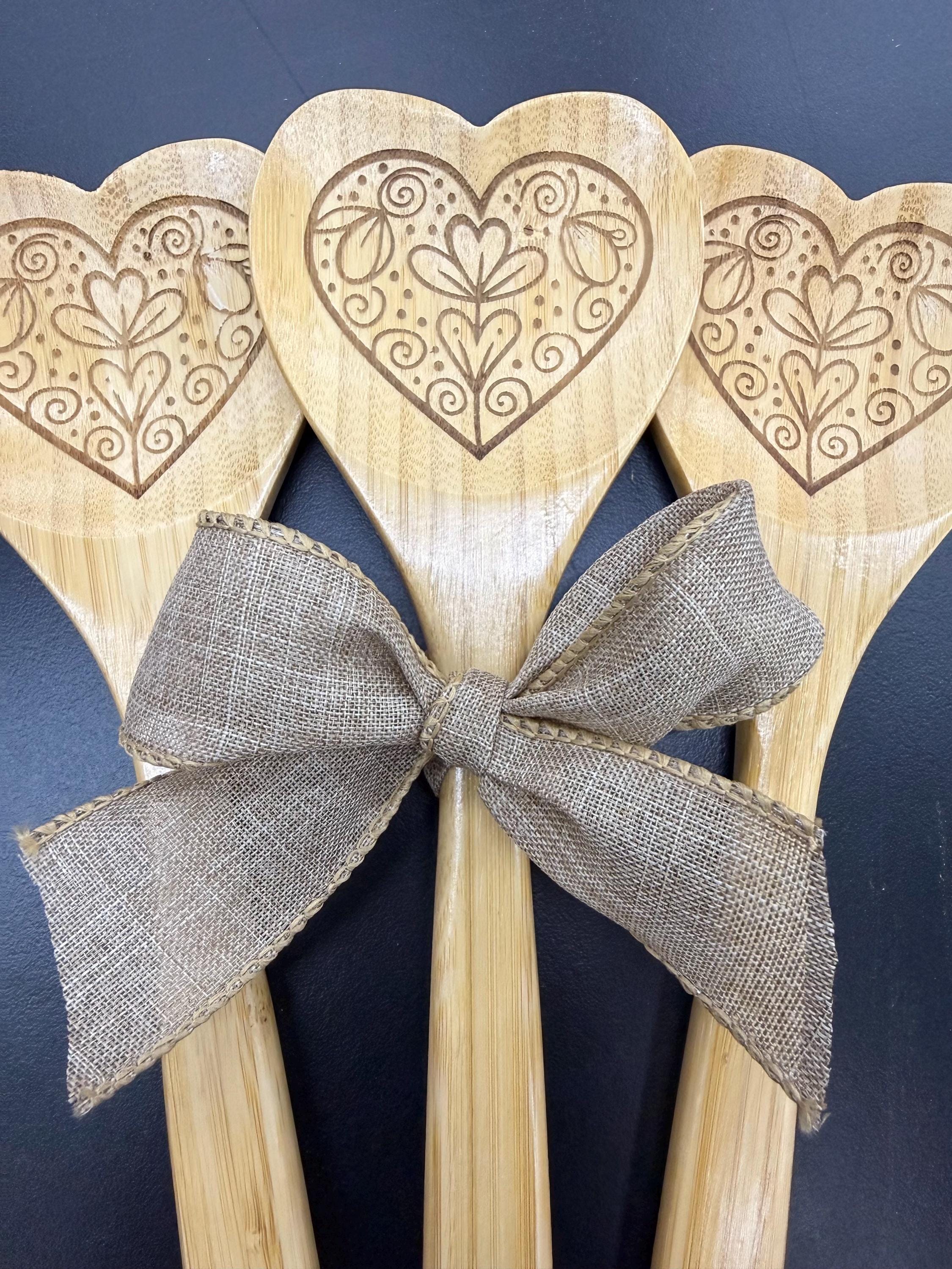 Engraved Bamboo Heart Shaped Cooking Spoon