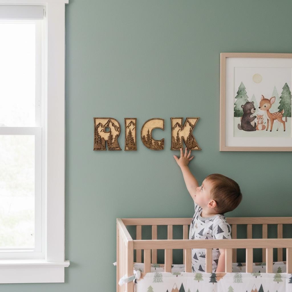 Multilayered Woodland Themed Letters – Wood Wildlife Name Sign – Mountain Nursery Wall Decor – Personalized Kid Child Playroom Letters