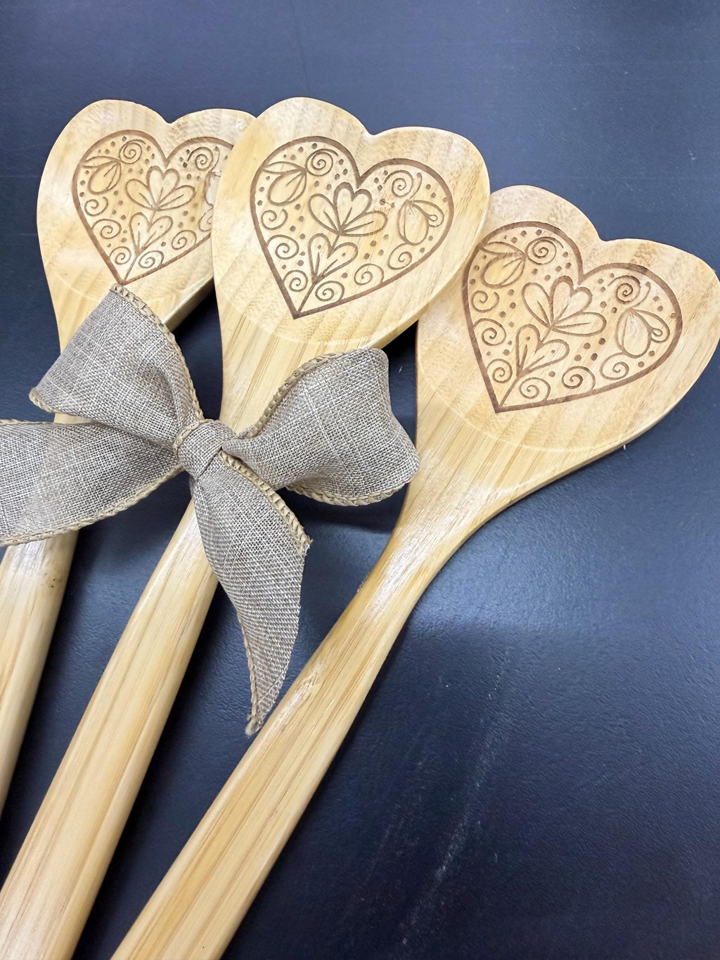Engraved Bamboo Heart Shaped Cooking Spoon