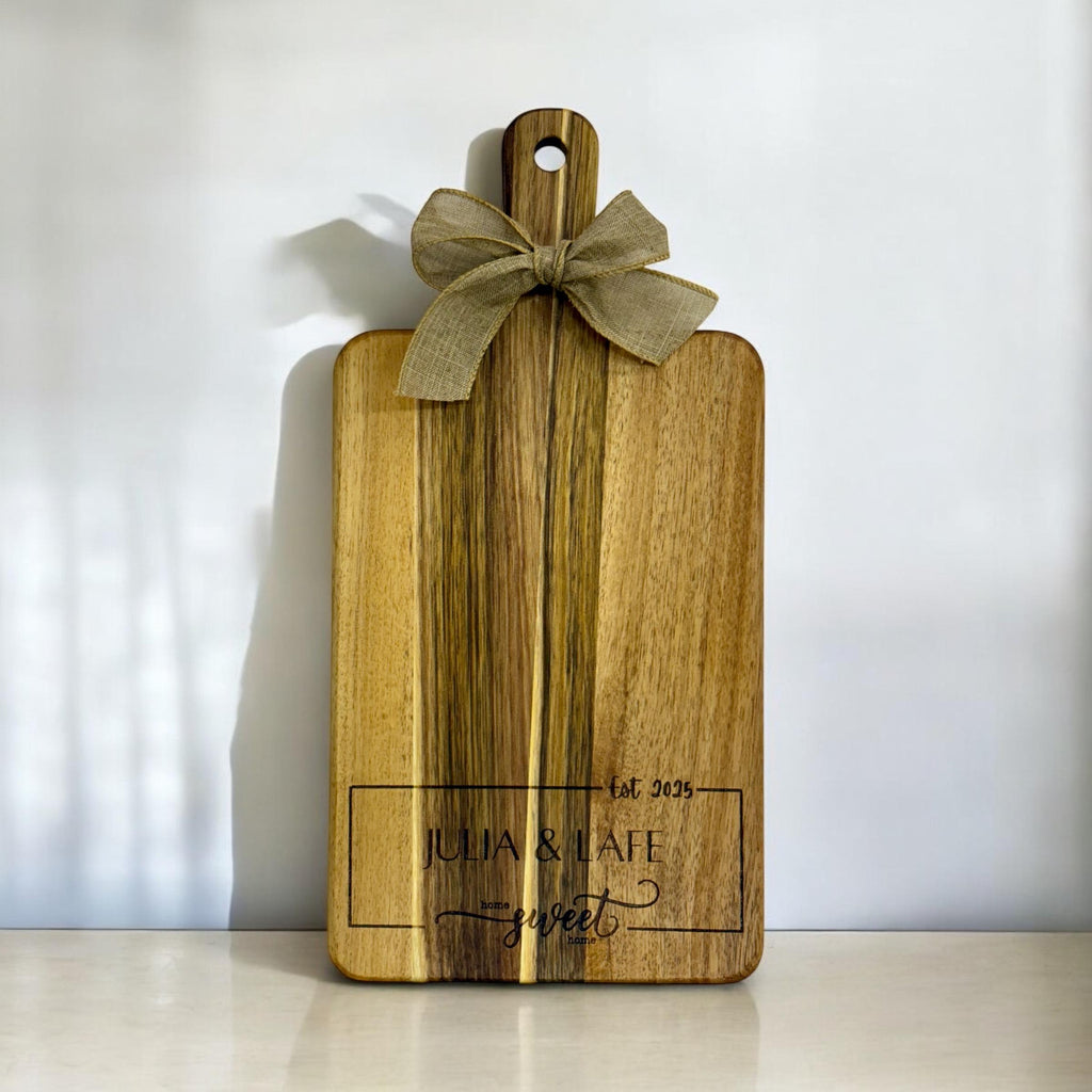 Personalized Acacia Wood Cutting Board, Engraved Charcuterie Serving Board
