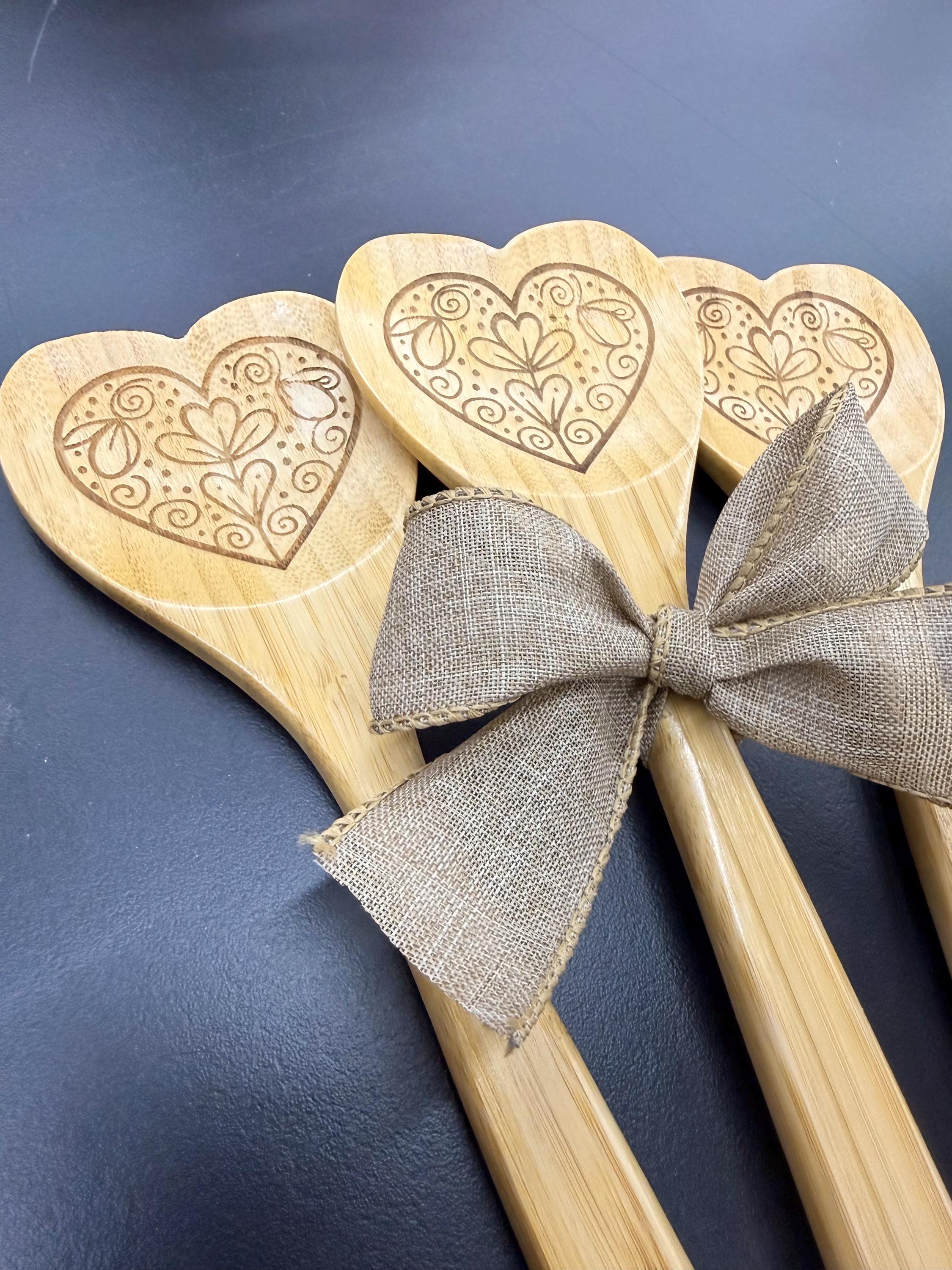 Engraved Bamboo Heart Shaped Cooking Spoon