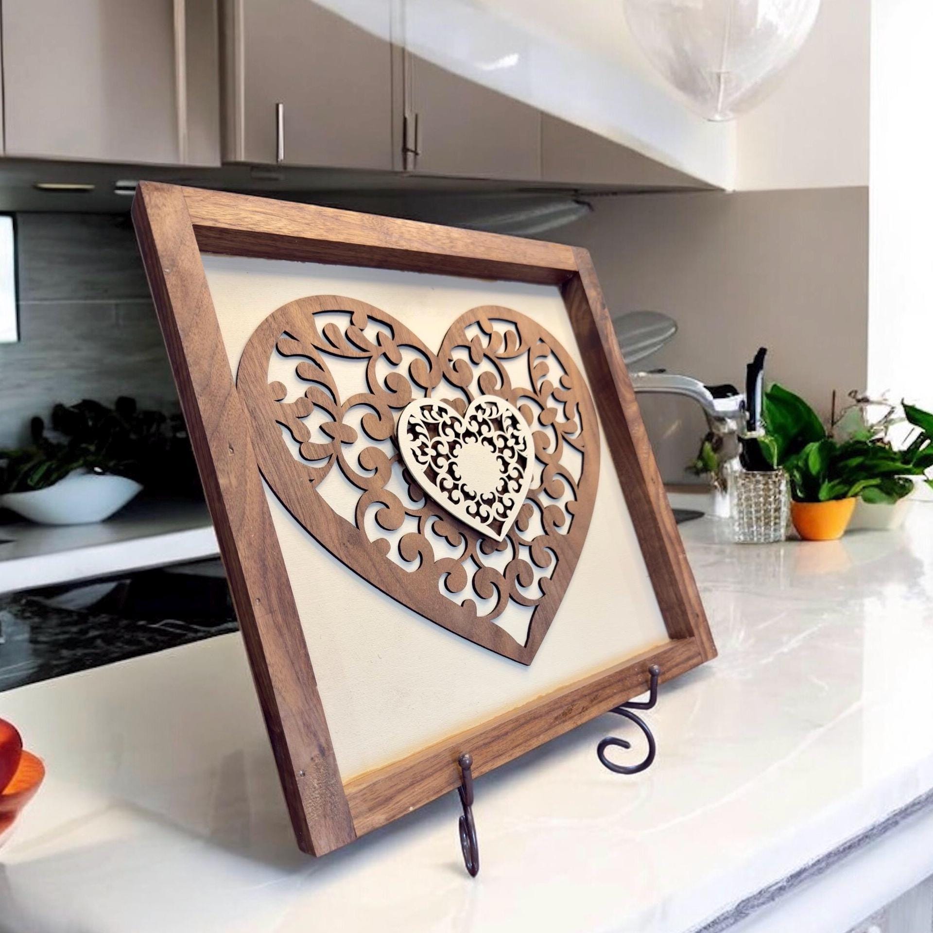 Wood Cutout Heart Picture: Rustic Walnut Frame, Birch Wood Art