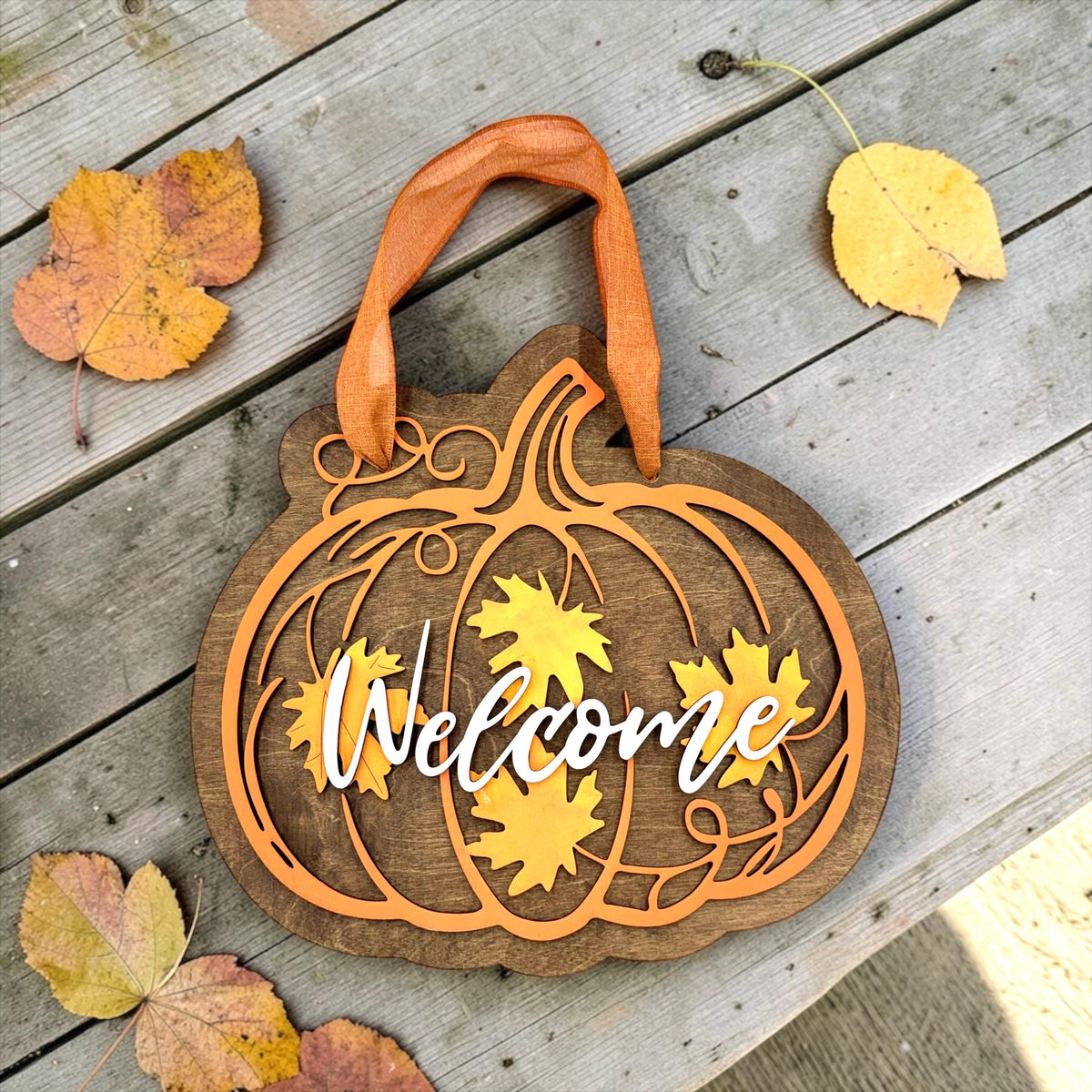 Layered Wood Pumpkin Welcome Sign; Fall Autumn Door Decor; Farmhouse Porch Entryway Decoration