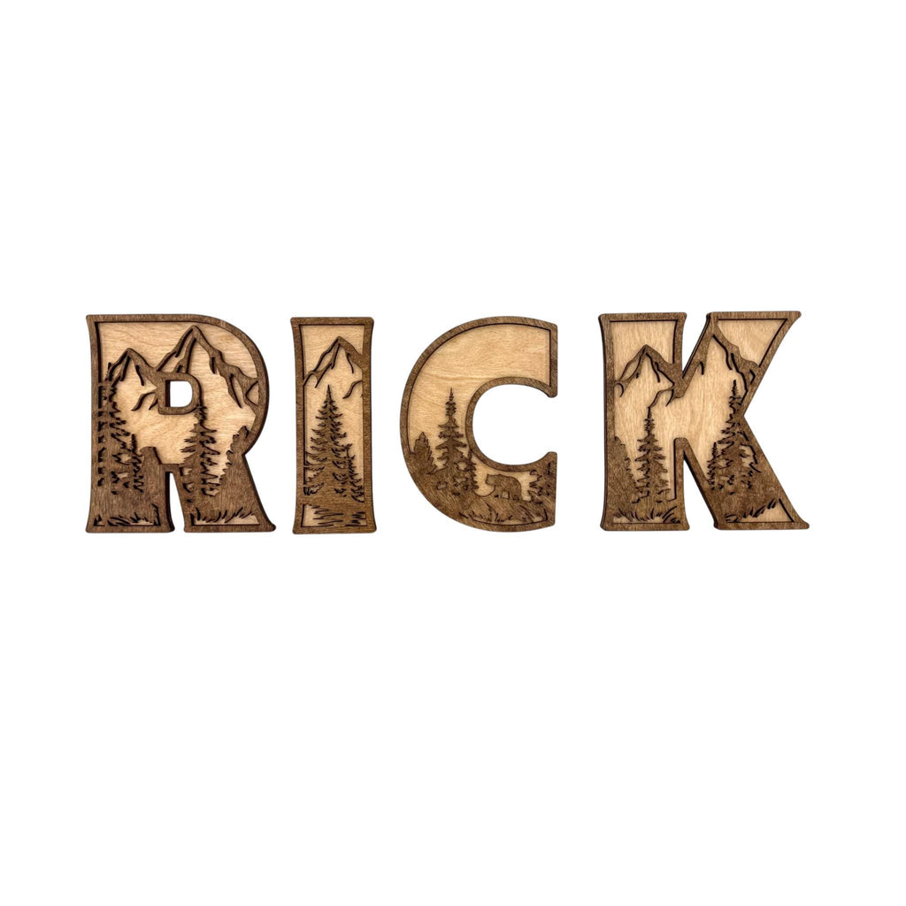Multilayered Woodland Themed Letters – Wood Wildlife Name Sign – Mountain Nursery Wall Decor – Personalized Kid Child Playroom Letters