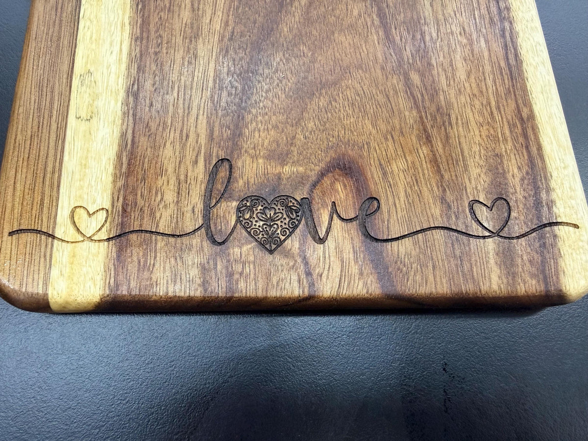 Heart Love Message Engraved Acacia Wood Cutting Board | Wedding, Housewarming, Valentines, Cook Gift