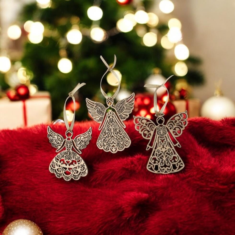 Laser Cut Birch Angel Ornament Set: Handcrafted Scandinavian Christmas Decor