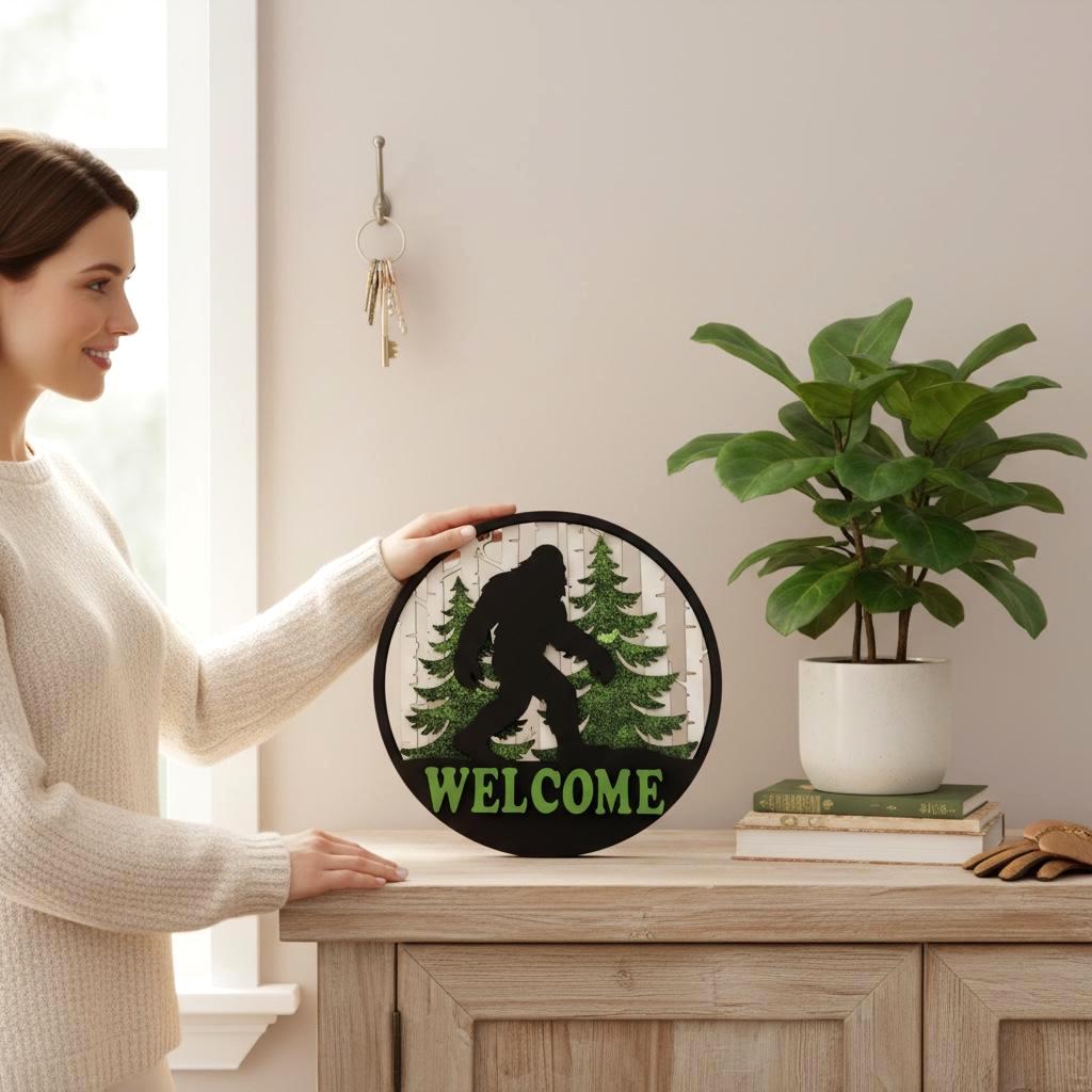 Sasquatch Door Hanger; Outdoor 3D Entryway Bigfoot Welcome Sign; Housewarming, Birthday, Friend, Wedding Gift; Layered Nature Lover Theme
