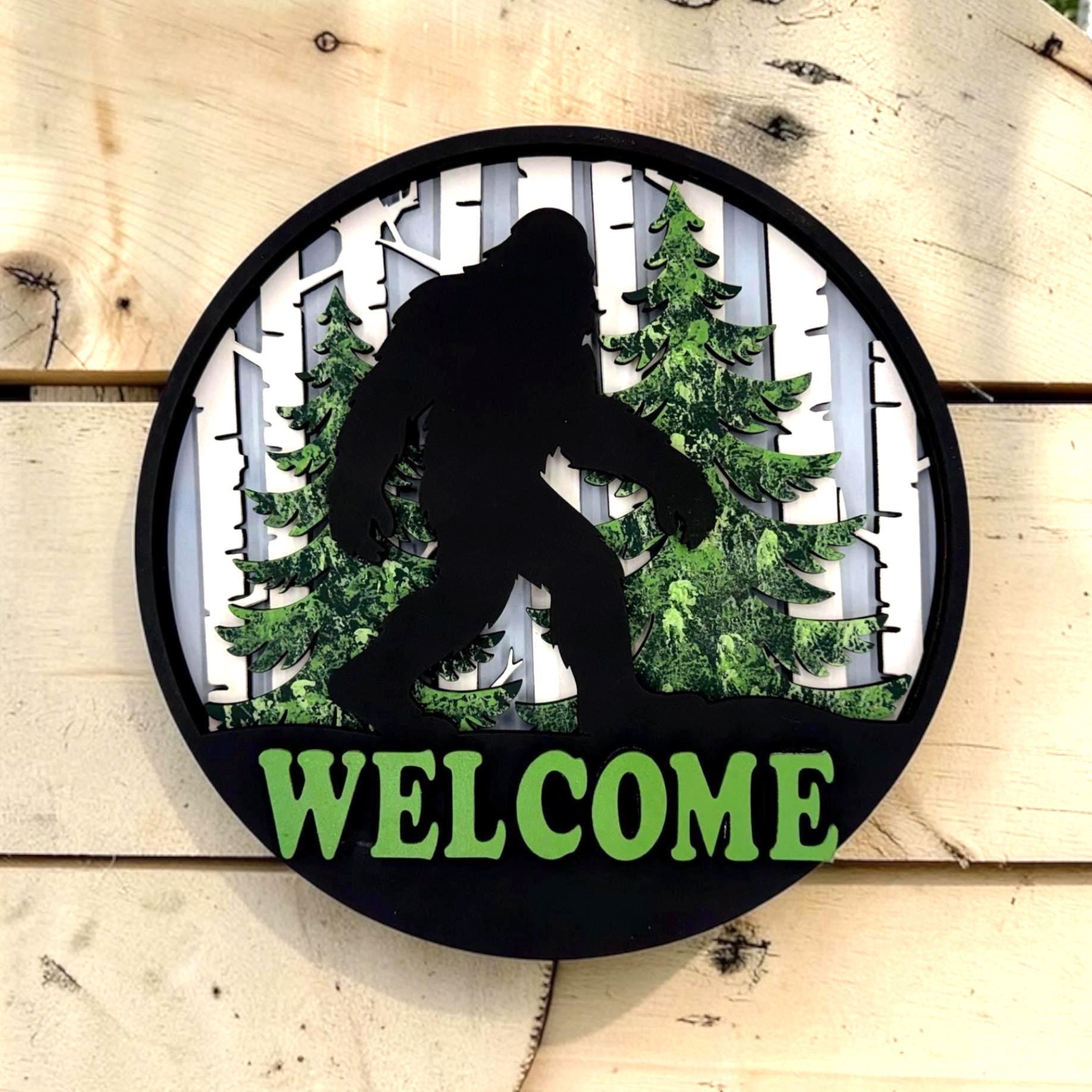 Sasquatch Door Hanger; Outdoor 3D Entryway Bigfoot Welcome Sign; Housewarming, Birthday, Friend, Wedding Gift; Layered Nature Lover Theme