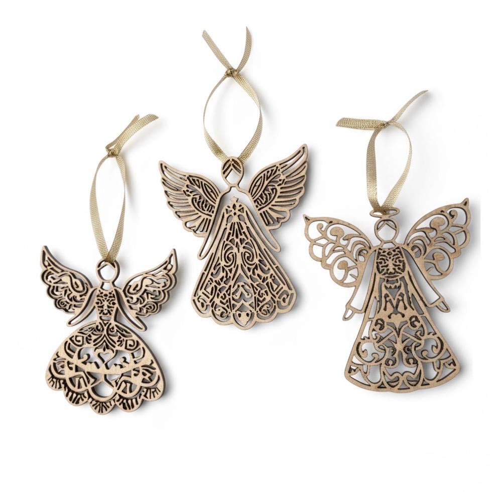 Laser Cut Birch Wood Angel Ornament Set: Rustic Christmas Decor