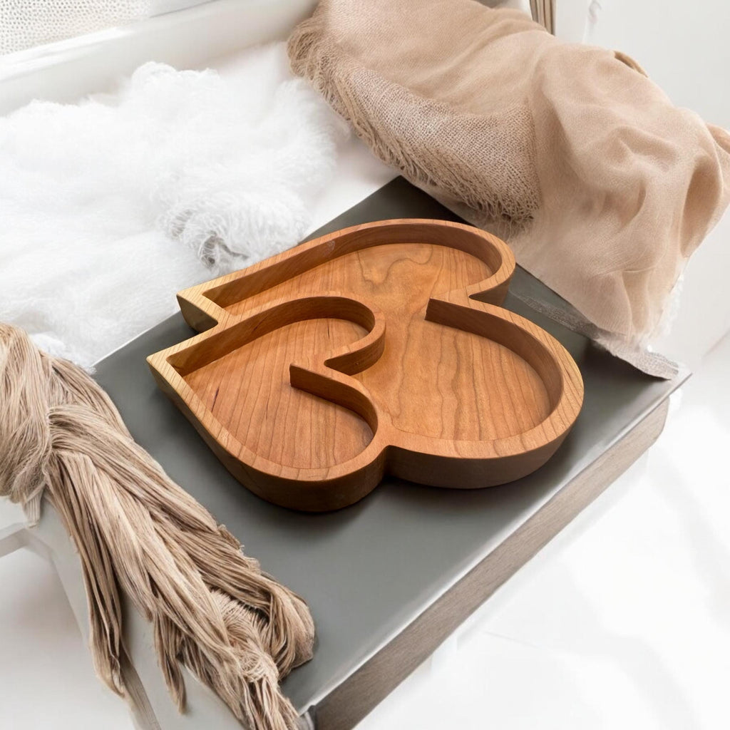 Cherry Wood Handmade Double Heart Tray