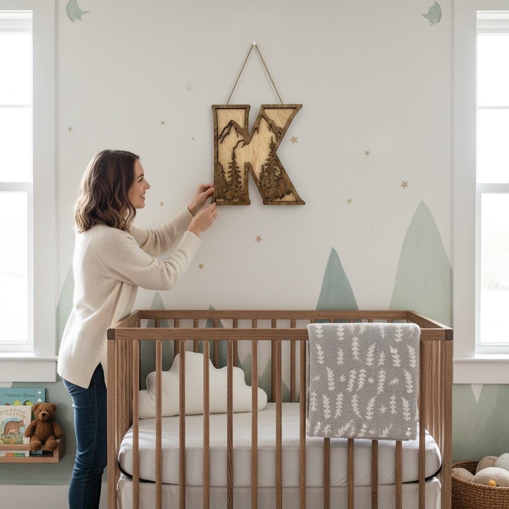 Multilayered Woodland Themed Letters – Wood Wildlife Name Sign – Mountain Nursery Wall Decor – Personalized Kid Child Playroom Letters