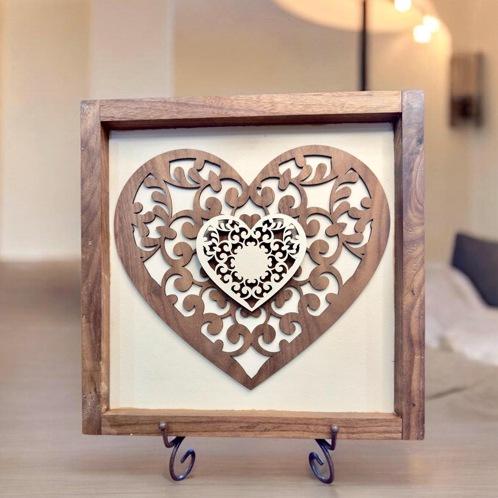 Wood Cutout Heart Picture: Rustic Walnut Frame, Birch Wood Art
