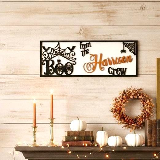 Personalized Halloween BOO Crew Door Sign; Fall Family Name Door Hanger Decor; Farmhouse Porch Entryway Rectangular Decoration