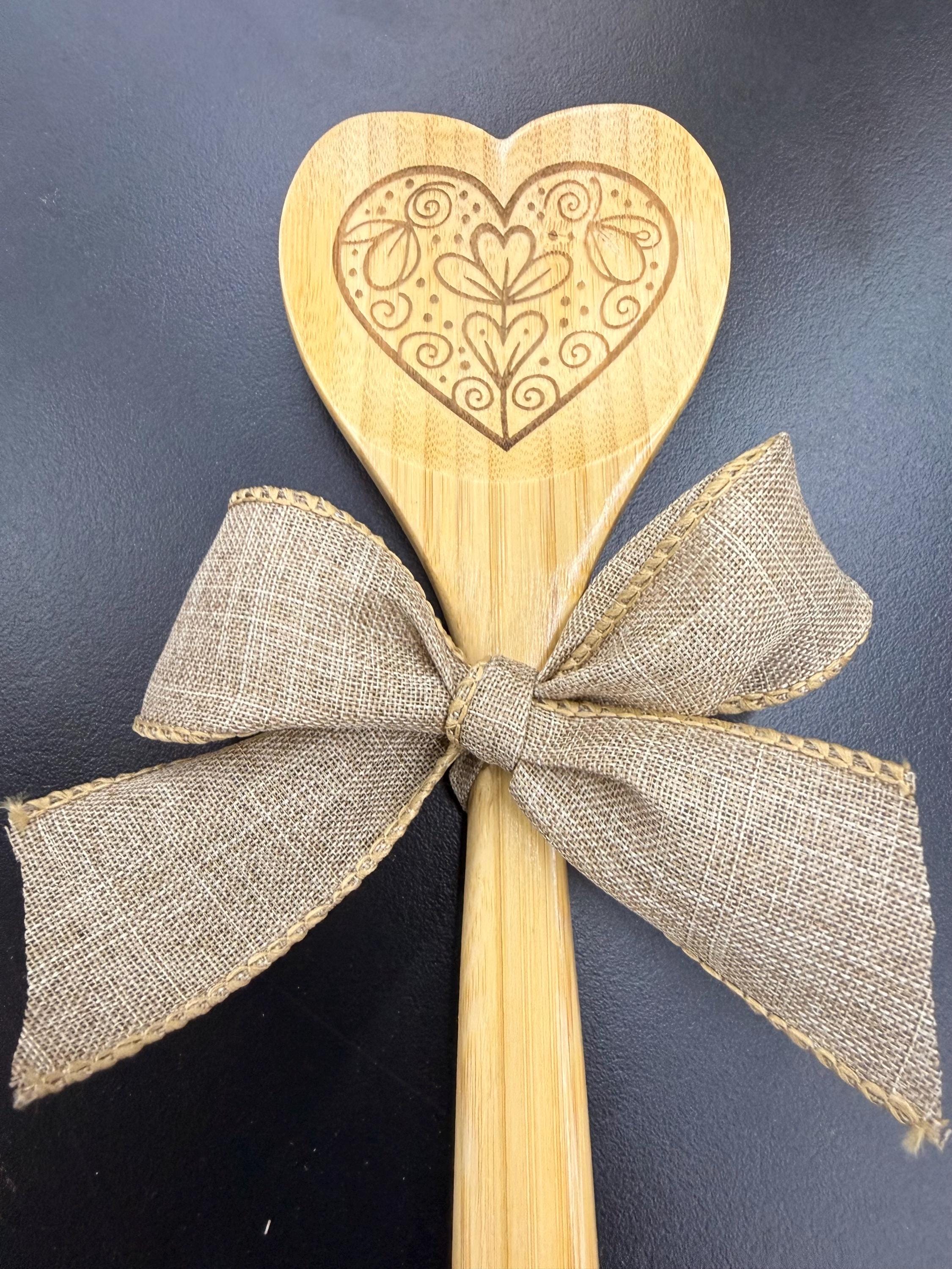 Engraved Bamboo Heart Shaped Cooking Spoon