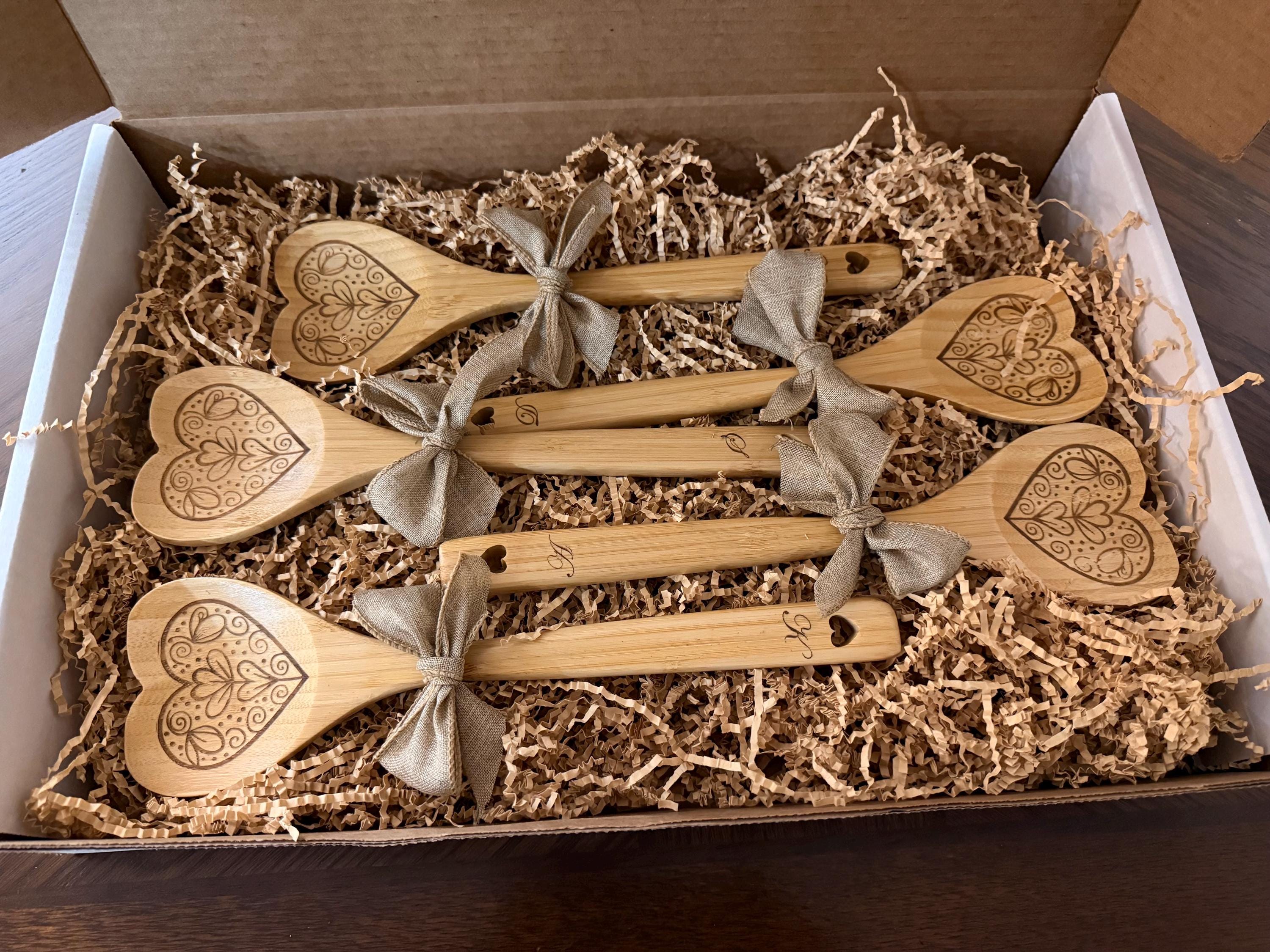 Engraved Bamboo Heart Shaped Cooking Spoon