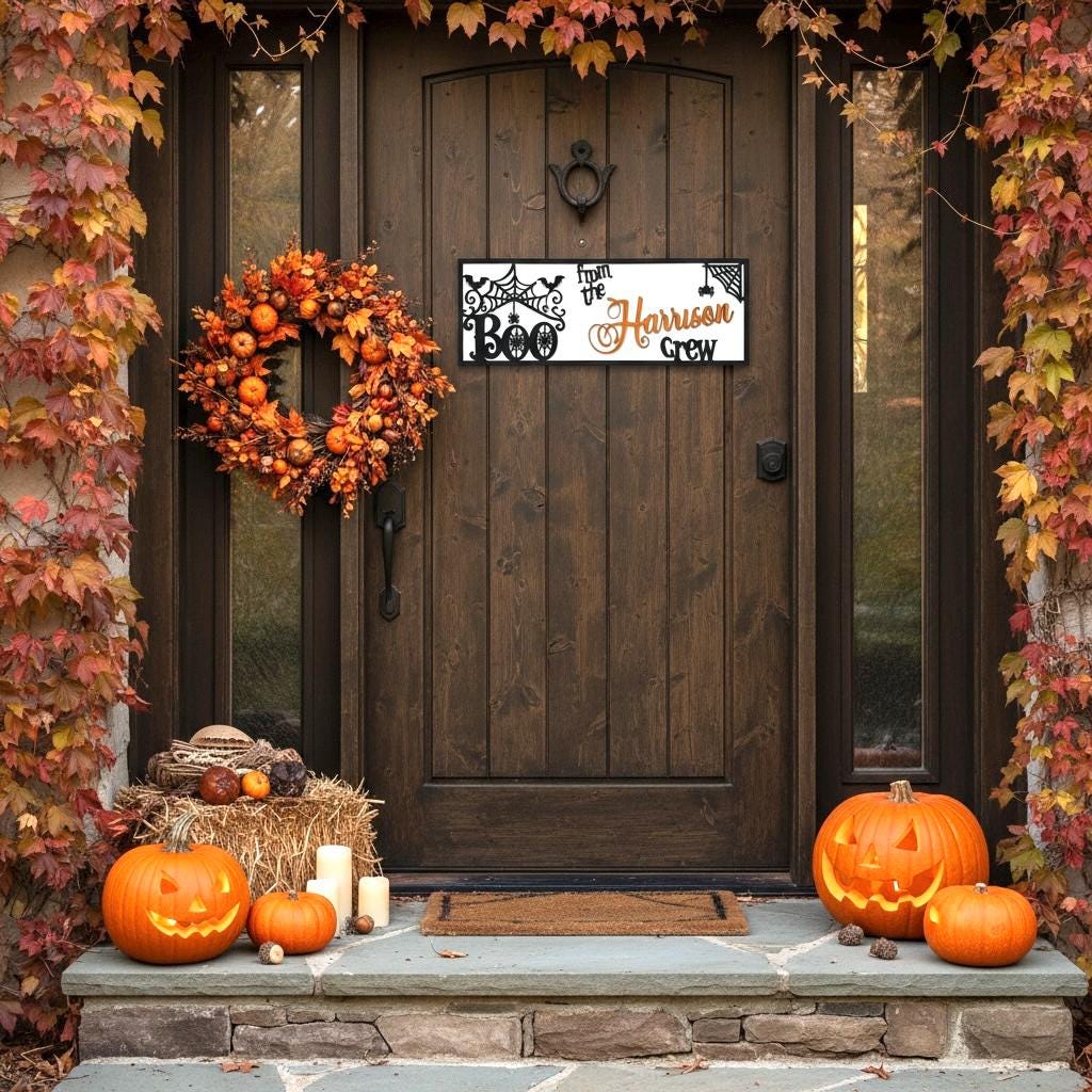 Personalized Halloween BOO Crew Door Sign; Fall Family Name Door Hanger Decor; Farmhouse Porch Entryway Rectangular Decoration