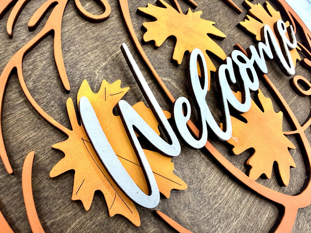 Layered Wood Pumpkin Welcome Sign; Fall Autumn Door Decor; Farmhouse Porch Entryway Decoration