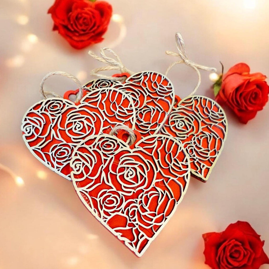 Handmade Wood Heart Ornaments: Laser Cut Rose Pattern, Set of 3