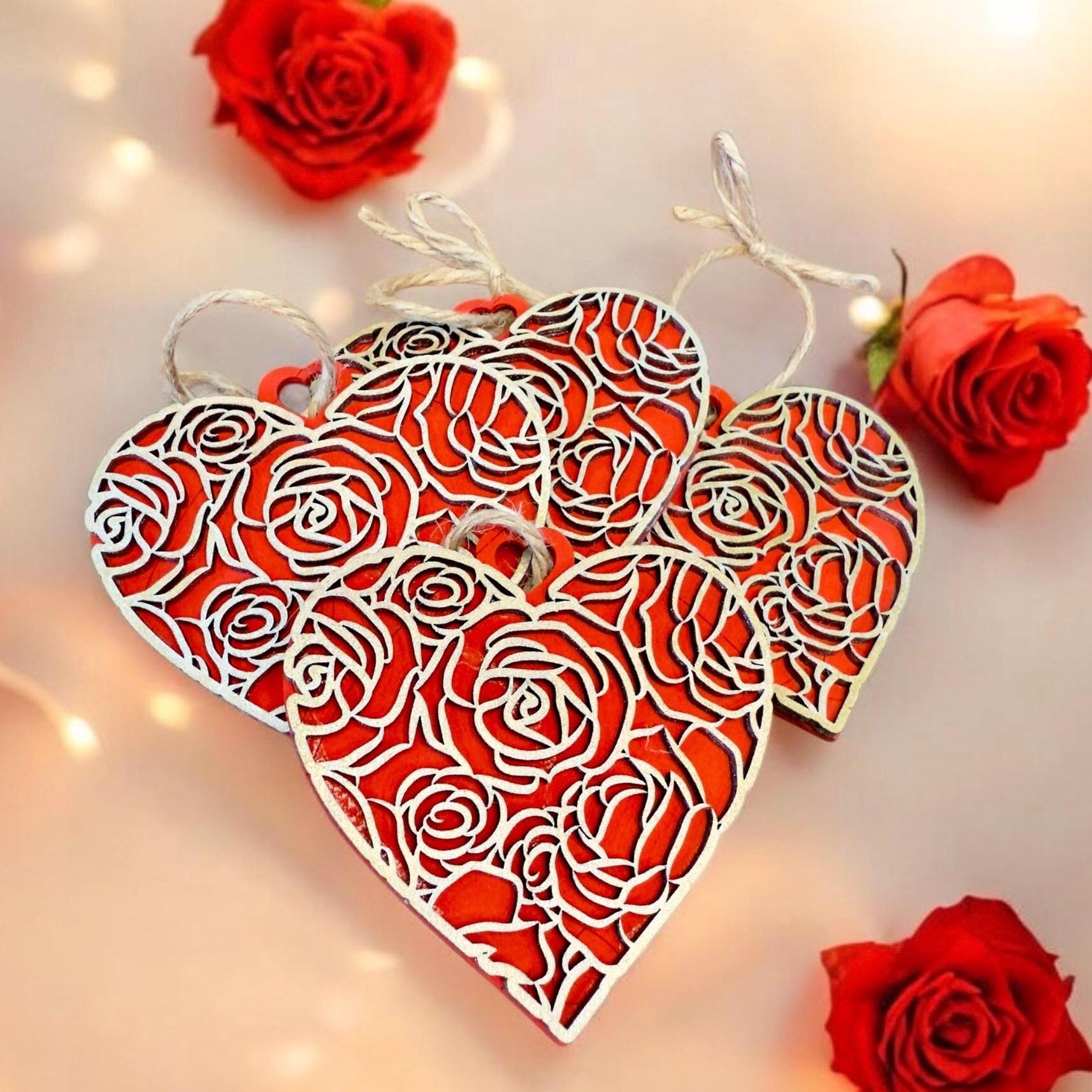 Handmade Wood Heart Ornaments: Laser Cut Rose Pattern, Set of 3