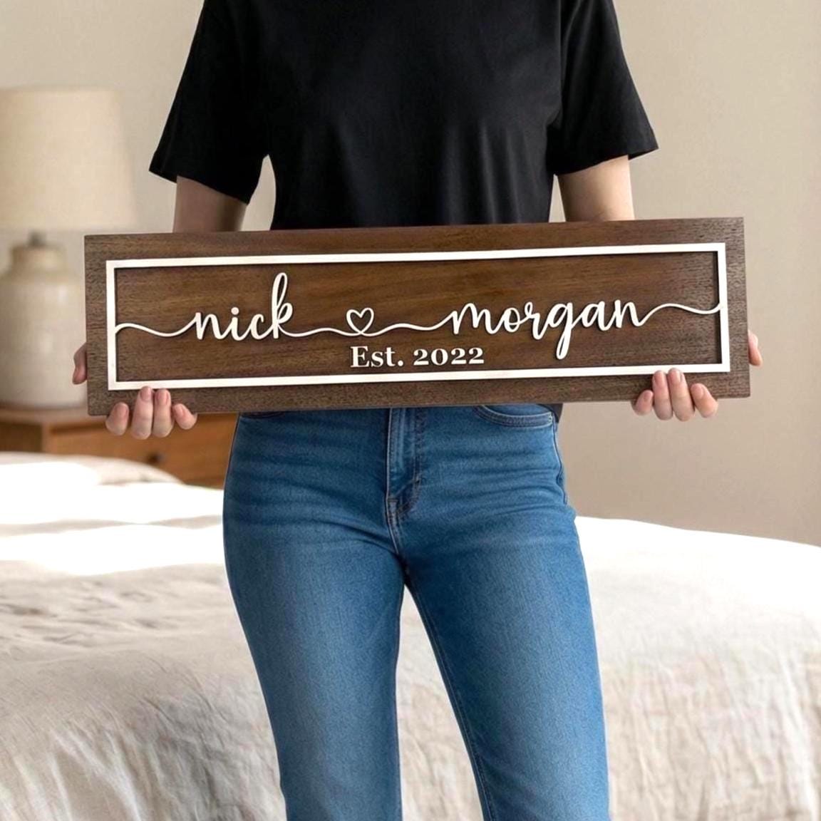 Custom Heart Couples Name Sign; Personalized Gift for Husband, Wife, Fiance, Wedding, Anniversary Gift; Solid Wood Wall Display; Farmhouse