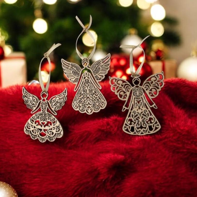 Laser Cut Birch Wood Angel Ornament Set: Rustic Christmas Decor