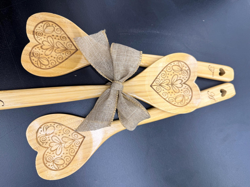 Engraved Bamboo Heart Shaped Cooking Spoon