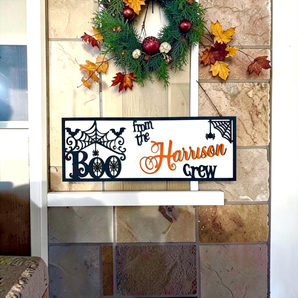 Personalized Halloween BOO Crew Door Sign; Fall Family Name Door Hanger Decor; Farmhouse Porch Entryway Rectangular Decoration