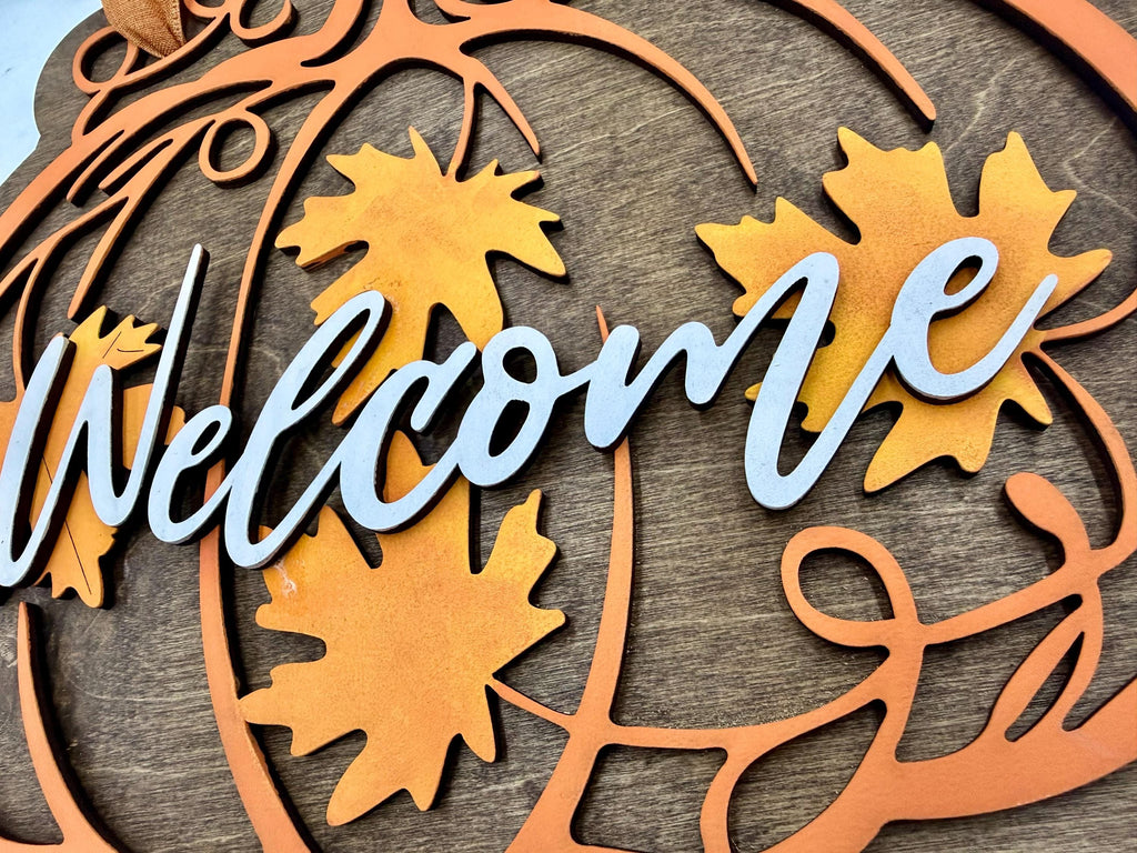 Layered Wood Pumpkin Welcome Sign; Fall Autumn Door Decor; Farmhouse Porch Entryway Decoration