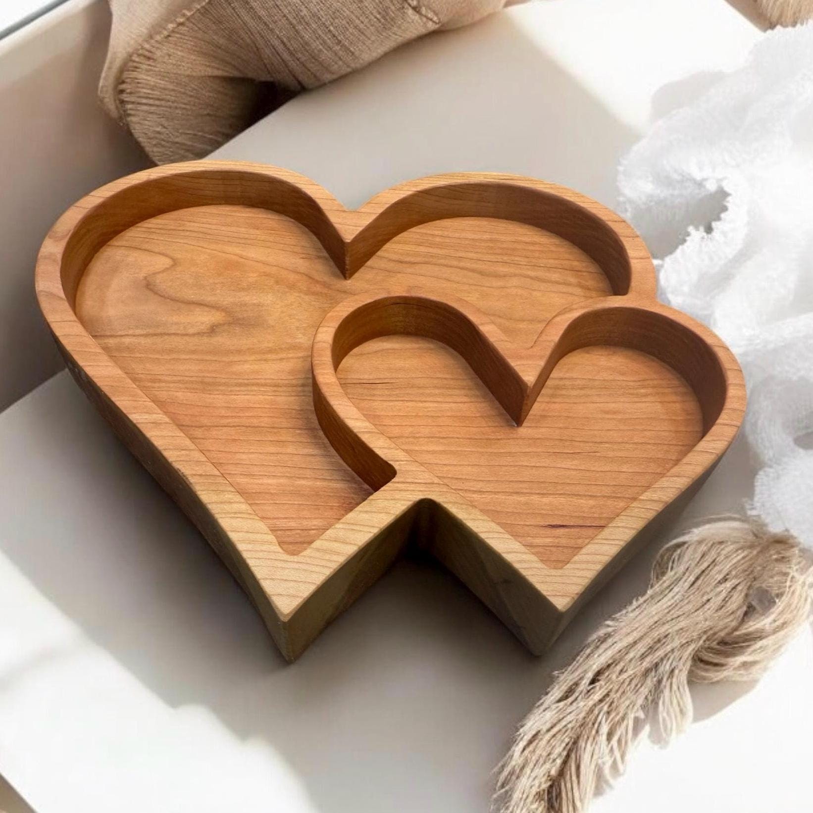Cherry Wood Double Heart Tray