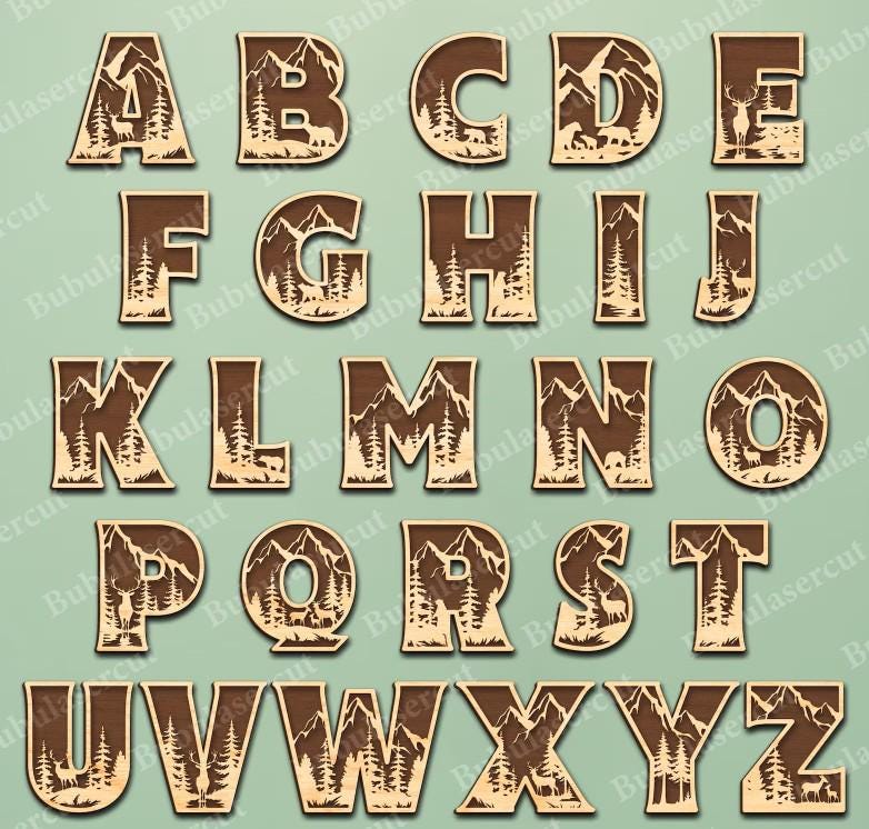 Multilayered Woodland Themed Letters – Wood Wildlife Name Sign – Mountain Nursery Wall Decor – Personalized Kid Child Playroom Letters