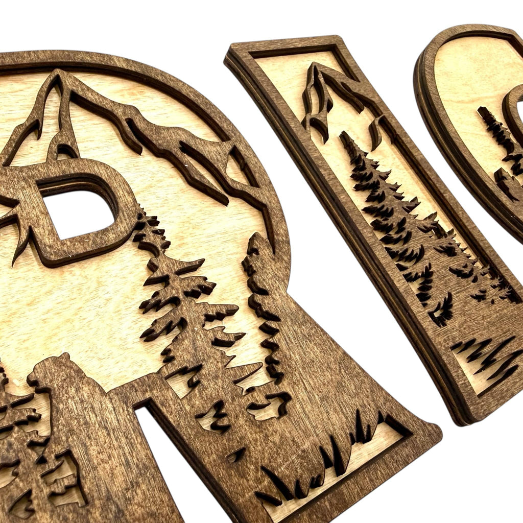 Multilayered Woodland Themed Letters – Wood Wildlife Name Sign – Mountain Nursery Wall Decor – Personalized Kid Child Playroom Letters