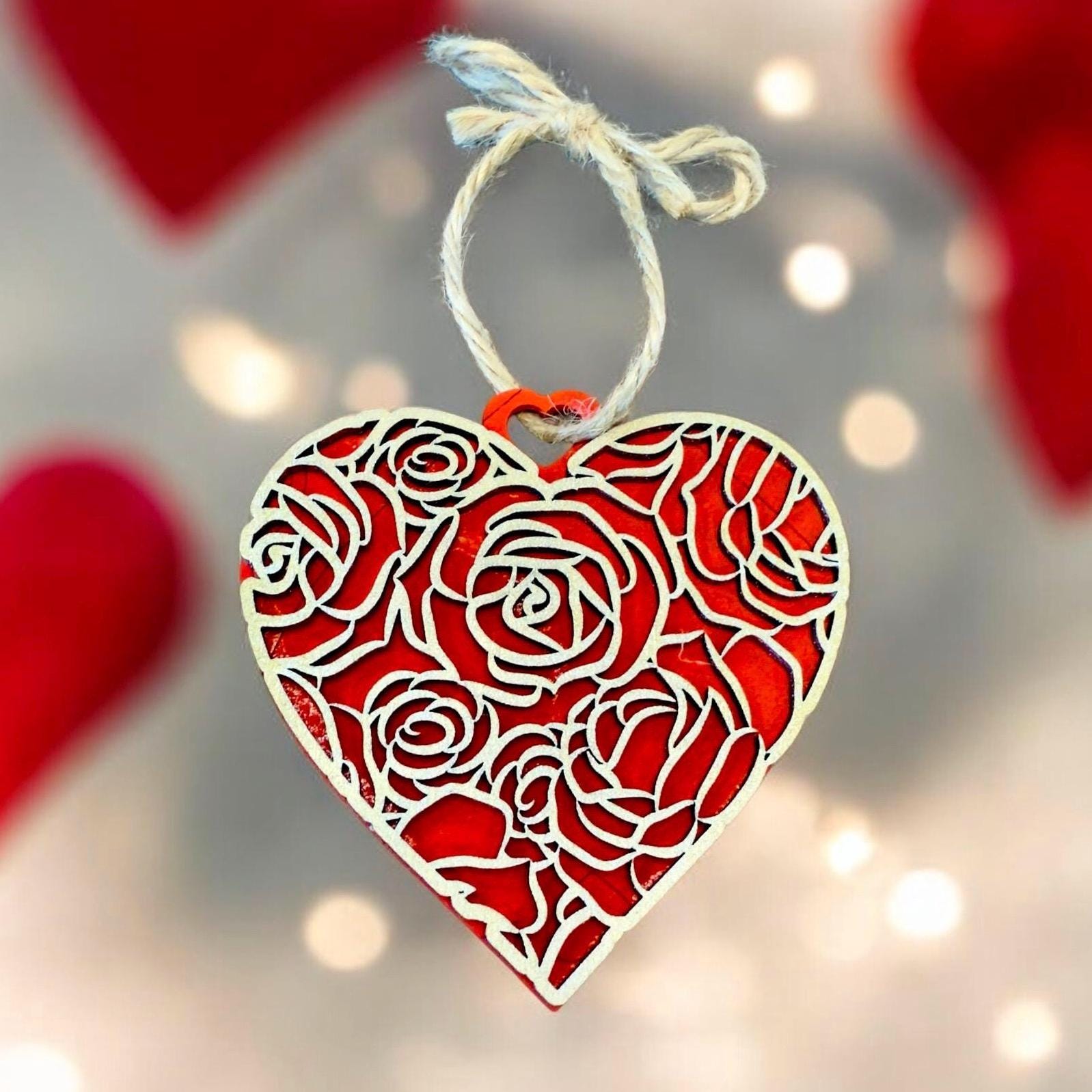 Cutout Wood Rose Pattern Heart Ornaments (Set of 3)