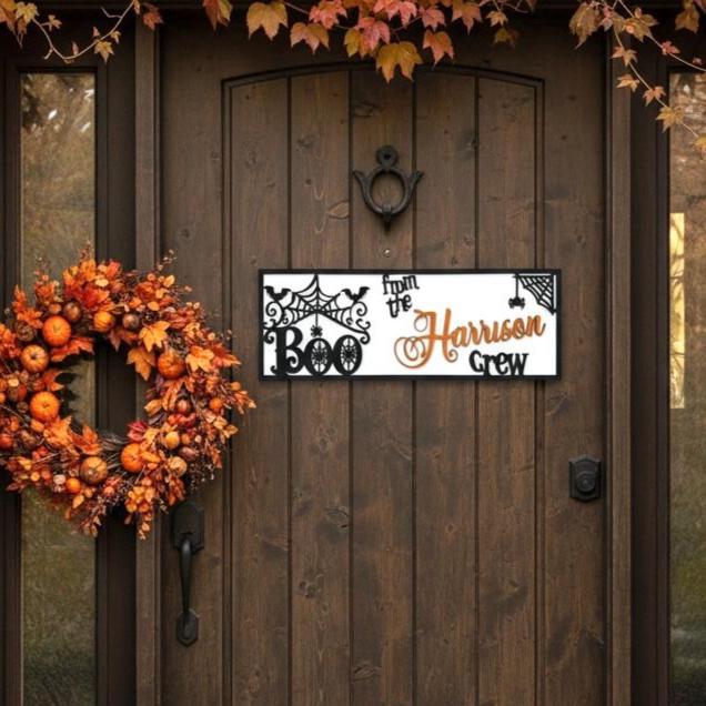 Personalized Halloween BOO Crew Door Sign; Fall Family Name Door Hanger Decor; Farmhouse Porch Entryway Rectangular Decoration
