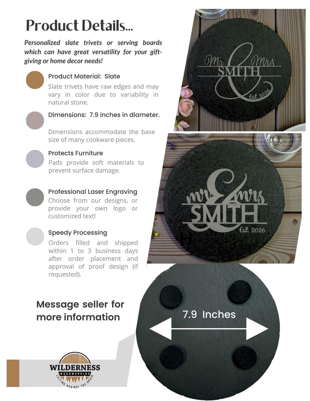 Personalized Engraved Slate Trivet Charcuterie Board, Wedding, Wedding Favors, Housewarming, Anniversary, or Corporate Gift
