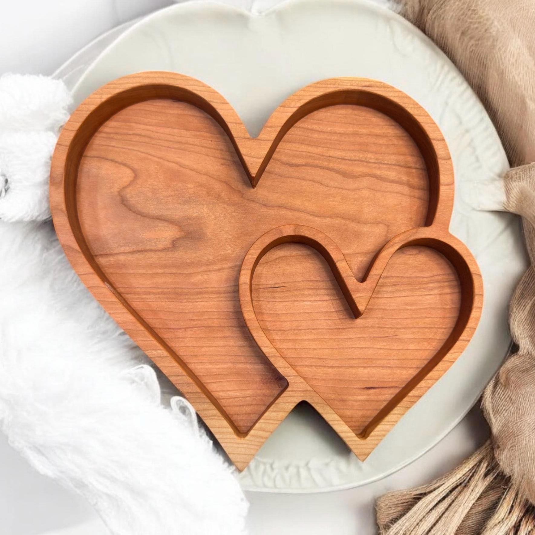 Cherry Wood Double Heart Tray