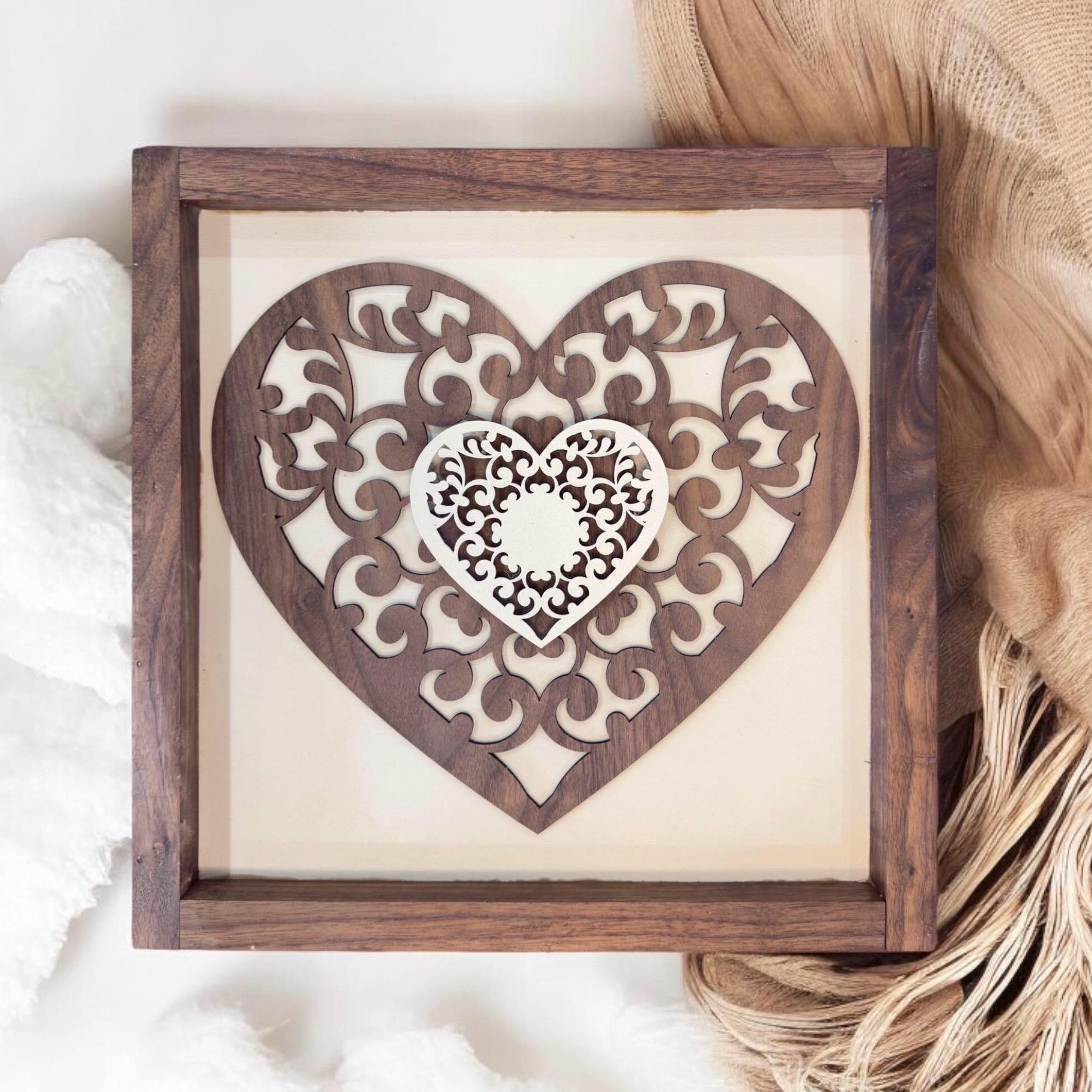 Wood Cutout Heart Picture: Rustic Walnut Frame, Birch Wood Art