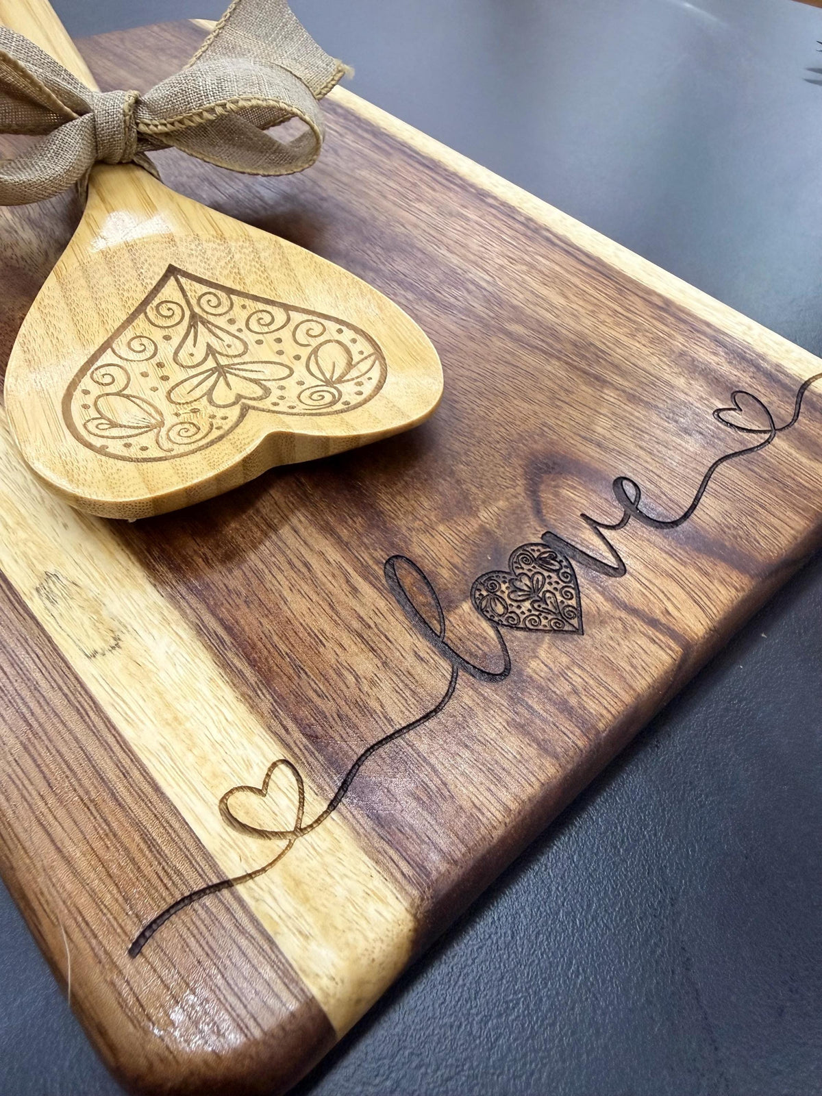 Heart Love Message Engraved Acacia Wood Cutting Board | Wedding, Housewarming, Valentines, Cook Gift