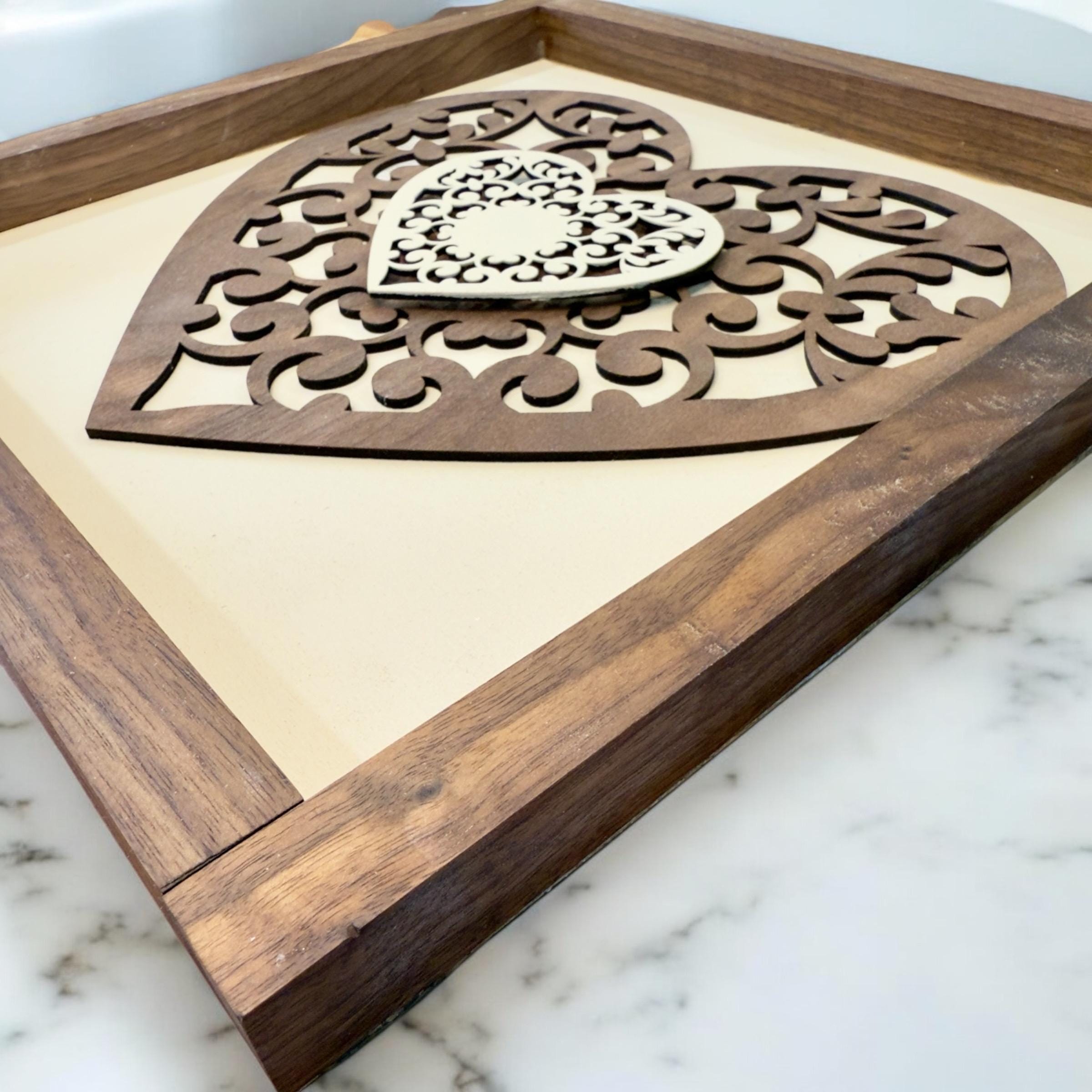 Wood Cutout Heart Picture: Rustic Walnut Frame, Birch Wood Art