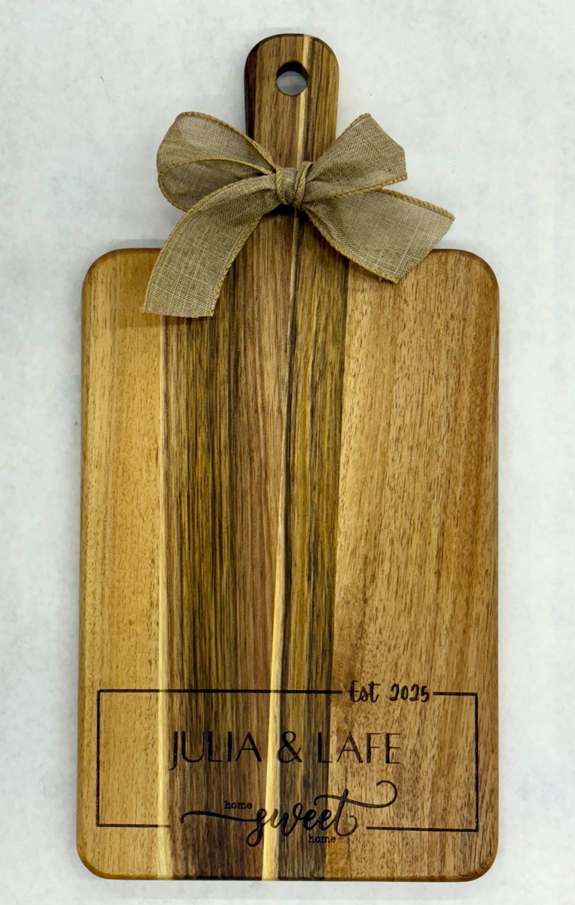 Personalized Acacia Wood Cutting Board, Engraved Charcuterie Serving Board