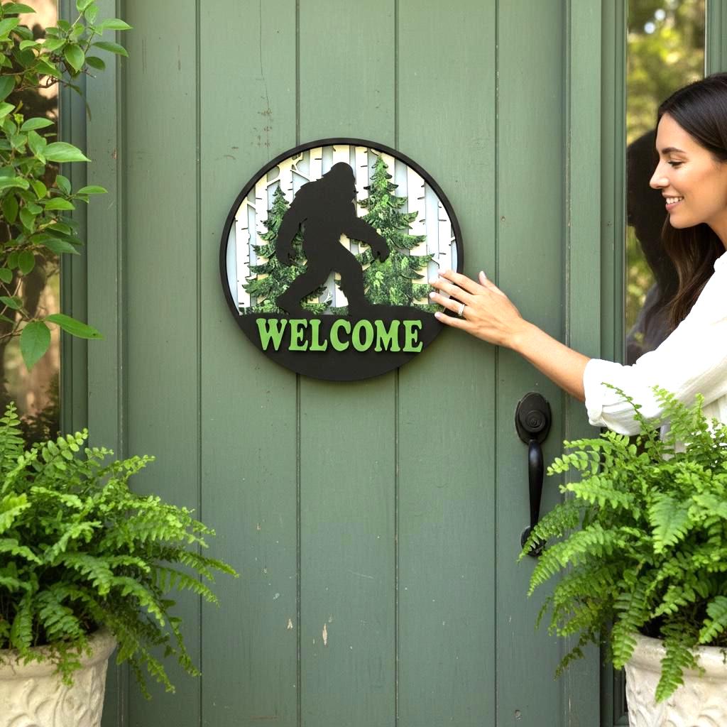 Sasquatch Door Hanger; Outdoor 3D Entryway Bigfoot Welcome Sign; Housewarming, Birthday, Friend, Wedding Gift; Layered Nature Lover Theme