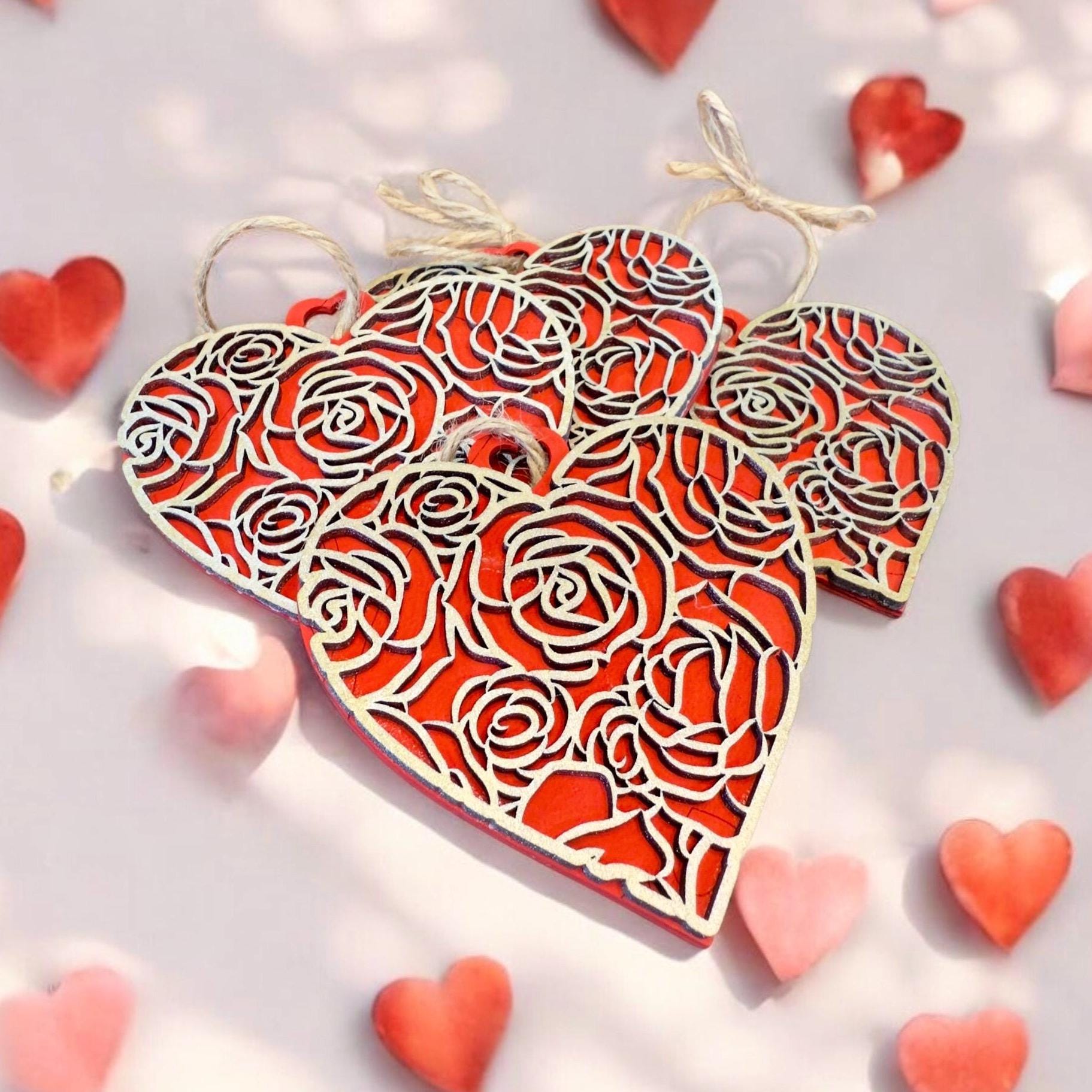 Handmade Wood Heart Ornaments: Laser Cut Rose Pattern, Set of 3