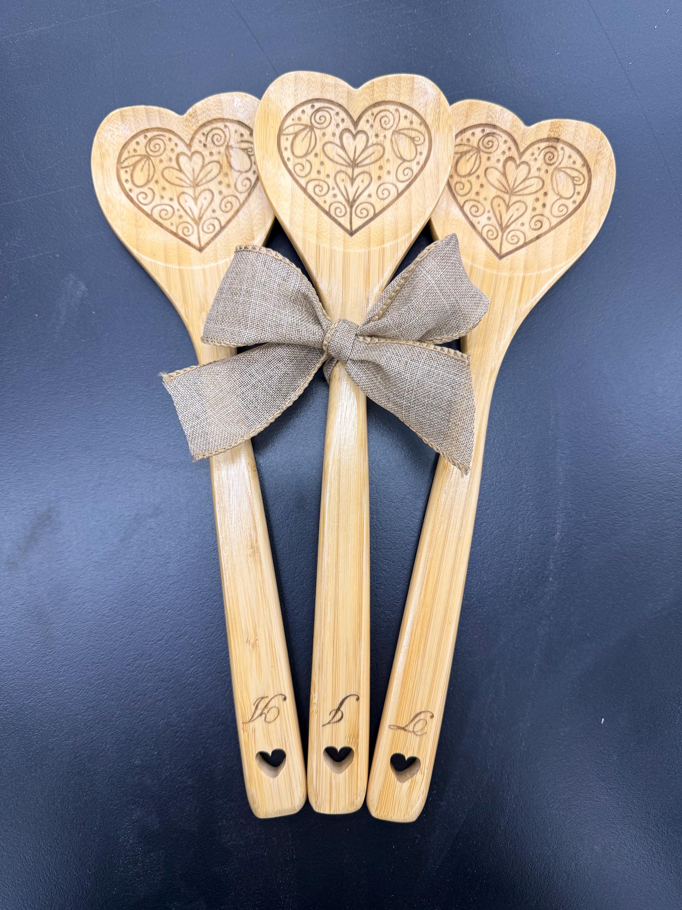 Engraved Bamboo Heart Shaped Cooking Spoon