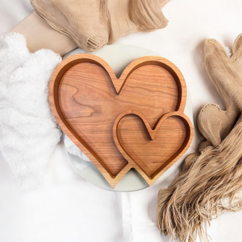 Cherry Wood Handmade Double Heart Tray