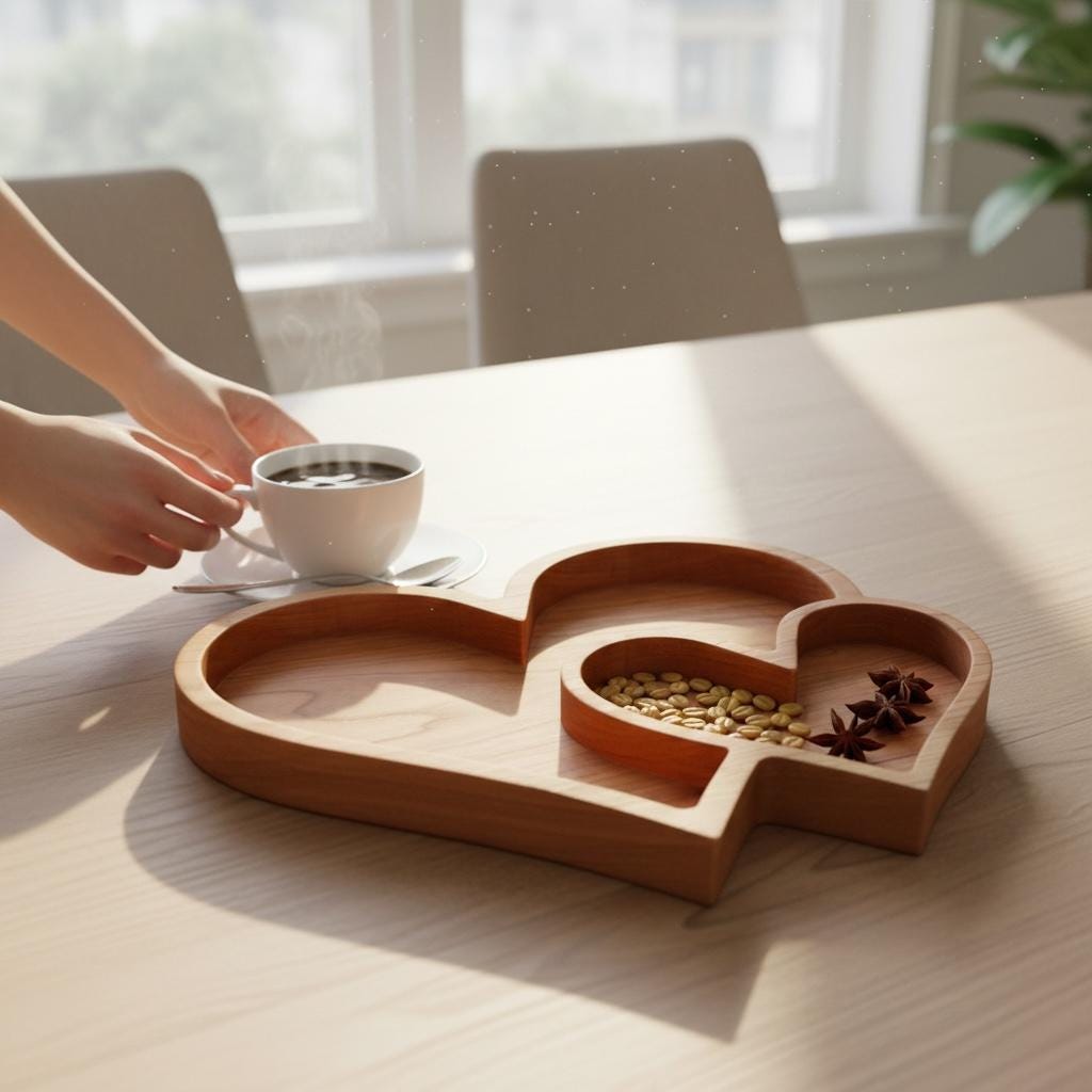 Cherry Wood Double Heart Tray