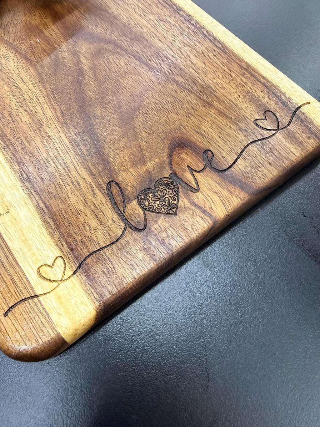 Heart Love Message Engraved Acacia Wood Cutting Board | Wedding, Housewarming, Valentines, Cook Gift