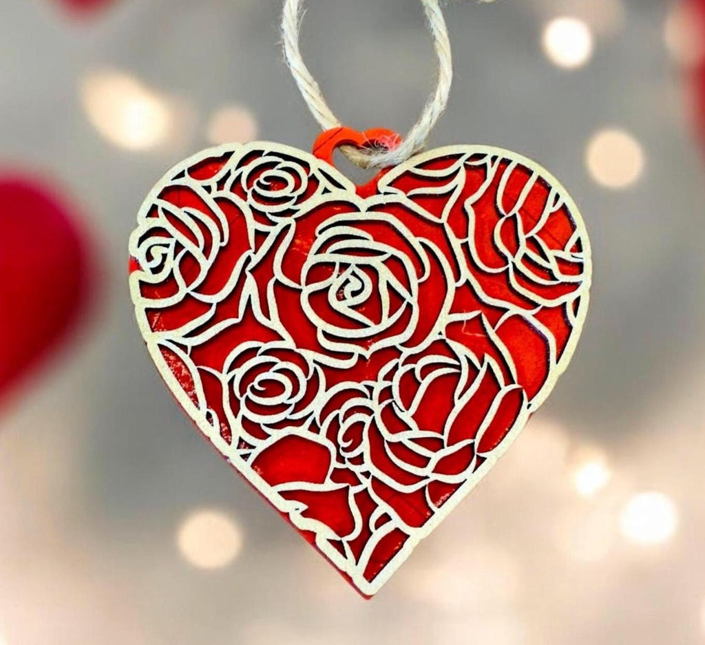 Handmade Wood Heart Ornaments: Laser Cut Rose Pattern, Set of 3