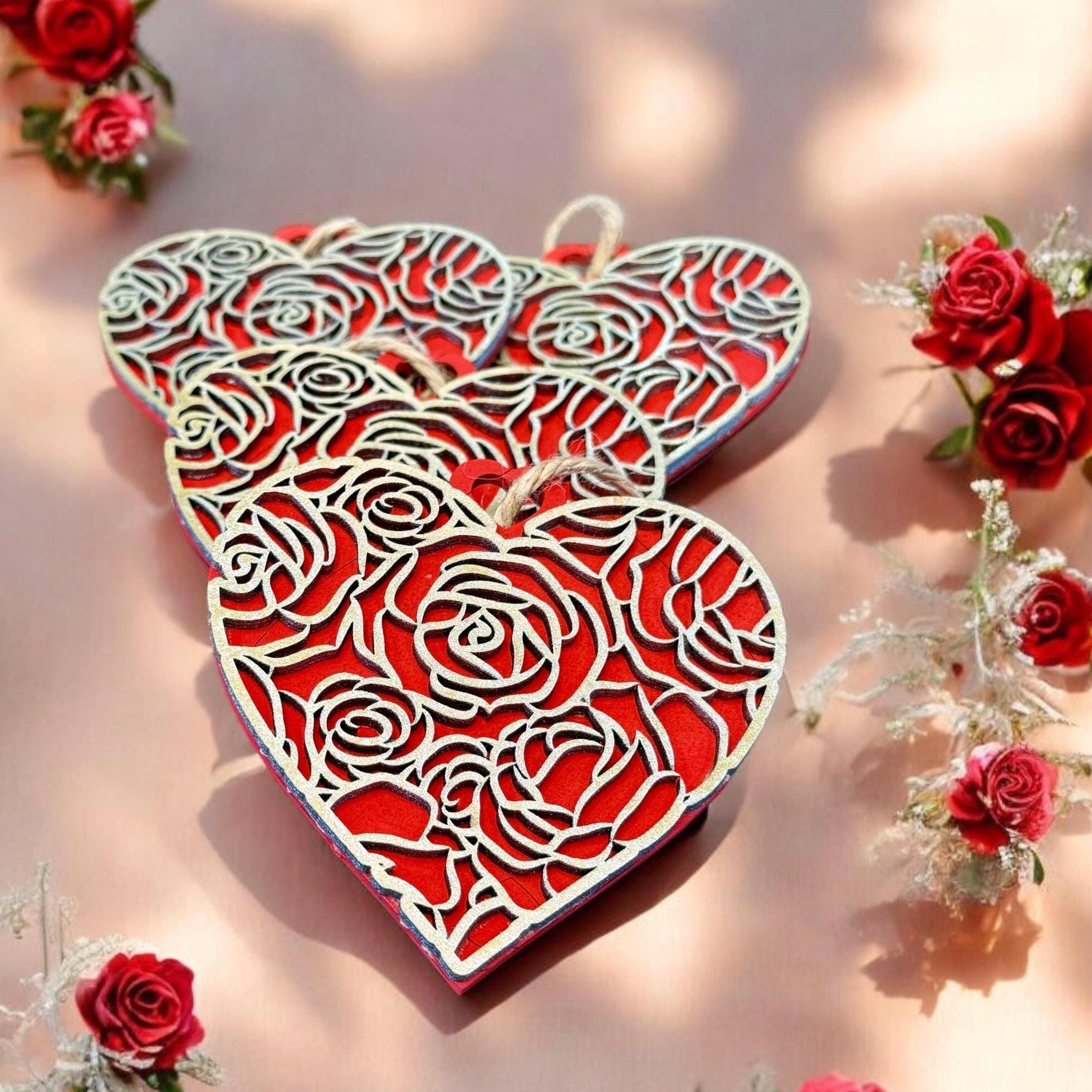 Handmade Wood Heart Ornaments: Laser Cut Rose Pattern, Set of 3